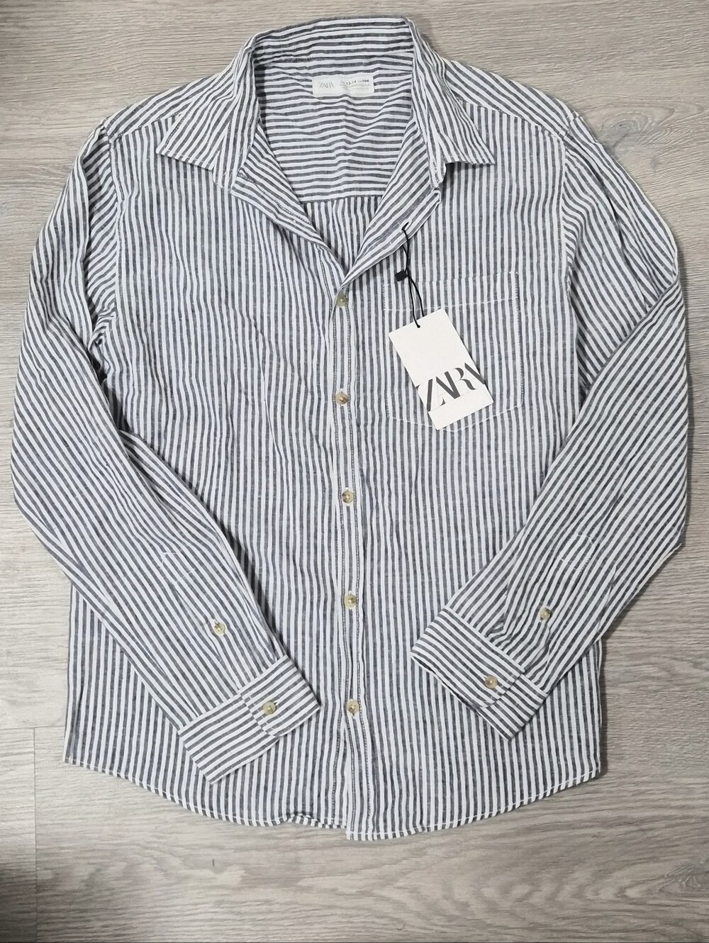 ZARA Navy & White Vertical Stripe Button-Down Shirt - Size 13-14 - New With Tags